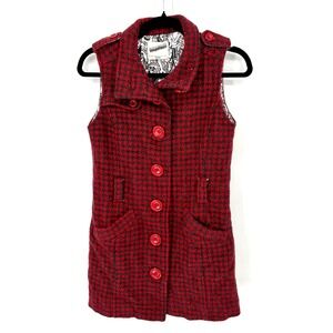 Two Percent Women Red Houndstooth Long Vest Jacket Collar Buttons Pockets Size M